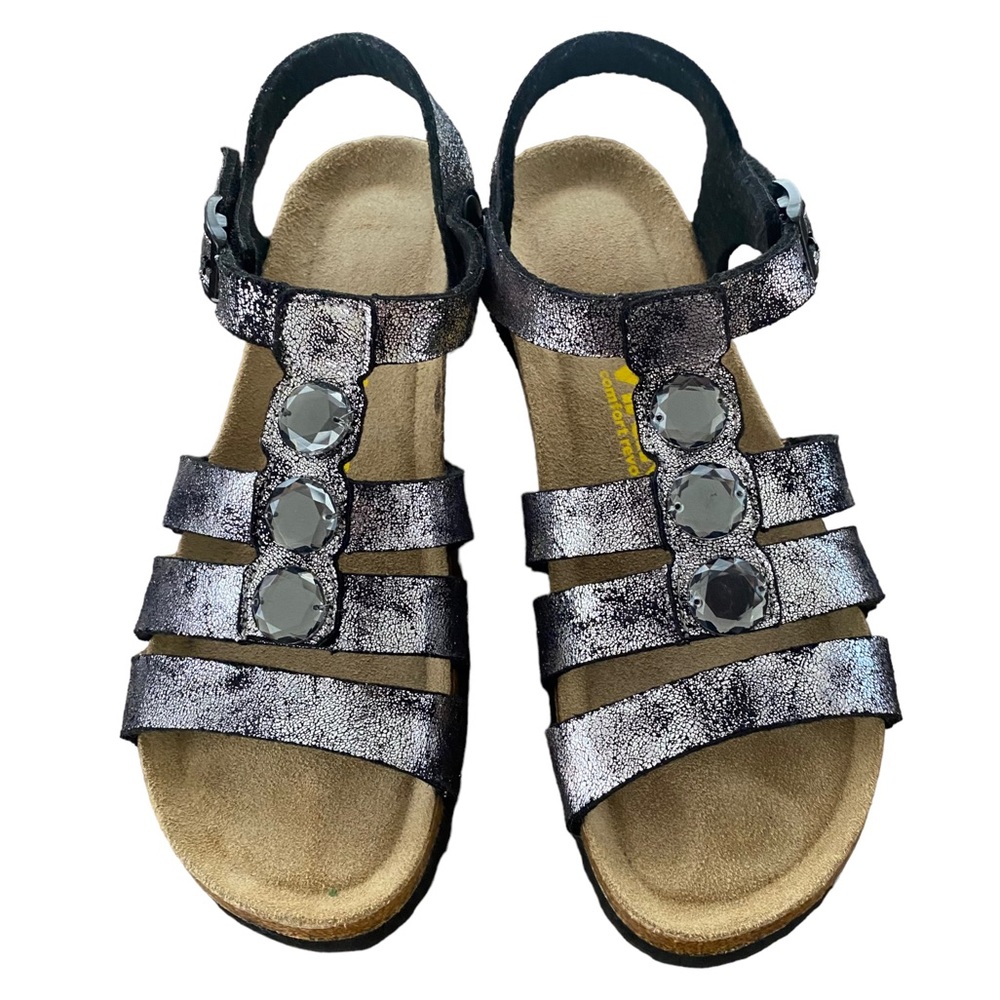 Viking NEW “Birkenstock Style” Black & Silver Metallic Leather Strap‎ Sandal 8.5